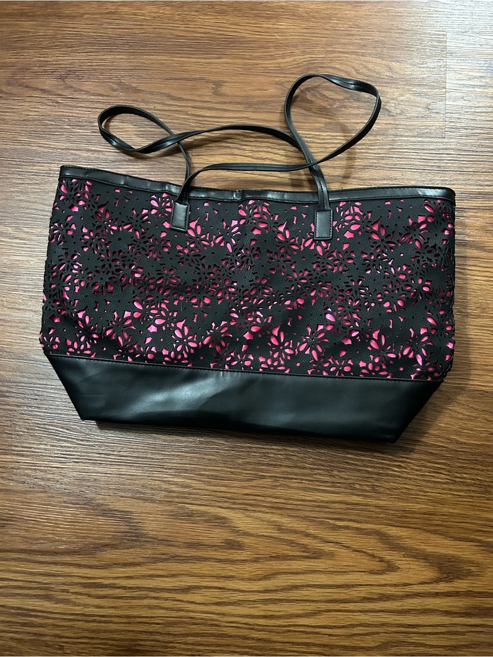 Black Floral Laser-Cut Tote with Pink Lining